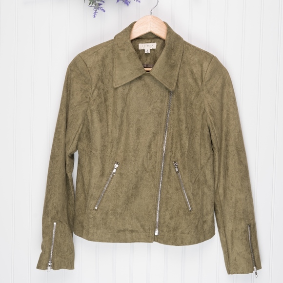 Faux Suede Moto Jacket in Olive Front Zippered - Picture 5 of 8